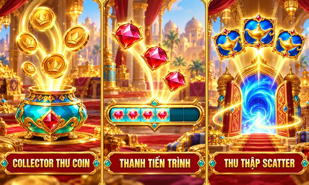 Ba dạng Collect Feature gồm Collector thu Coin, thanh tiến trình và thu thập Scatter