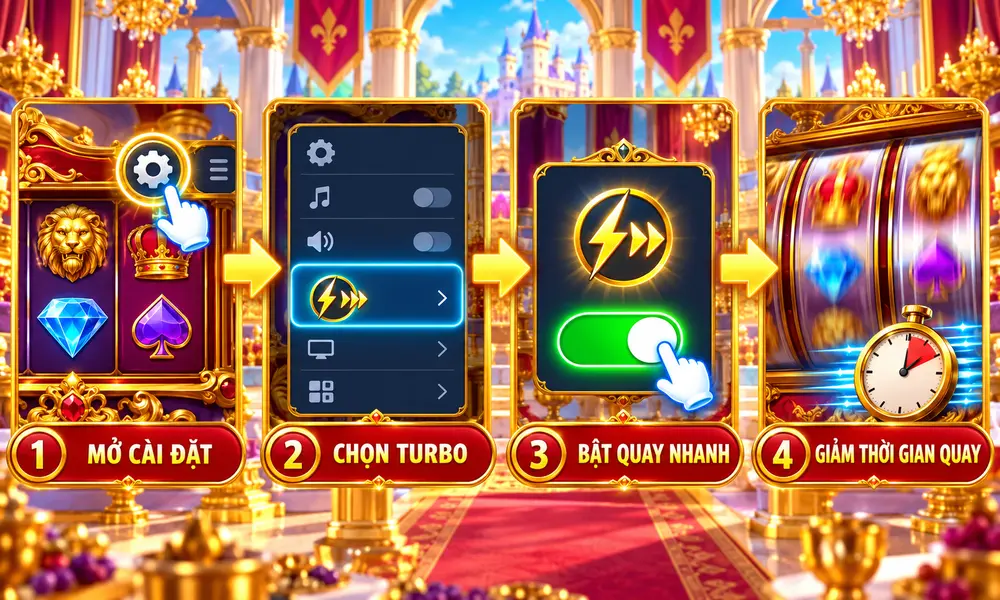 Bốn bước bật Turbo Spin gồm mở cài đặt, chọn Turbo, bật quay nhanh và giảm thời gian quay