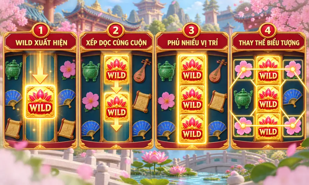 Bốn bước Stacked Wild gồm Wild xuất hiện, xếp dọc cùng cuộn, phủ nhiều vị trí và thay thế biểu tượng