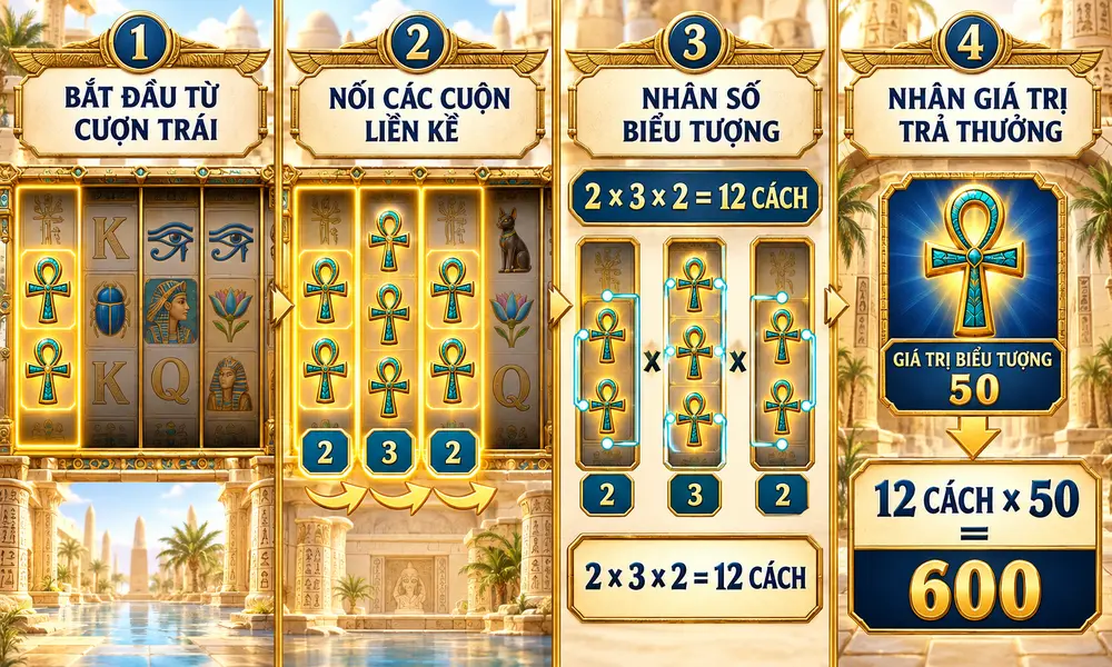 Công thức tính Adjacent Pays theo số biểu tượng trên các cuộn liền kề