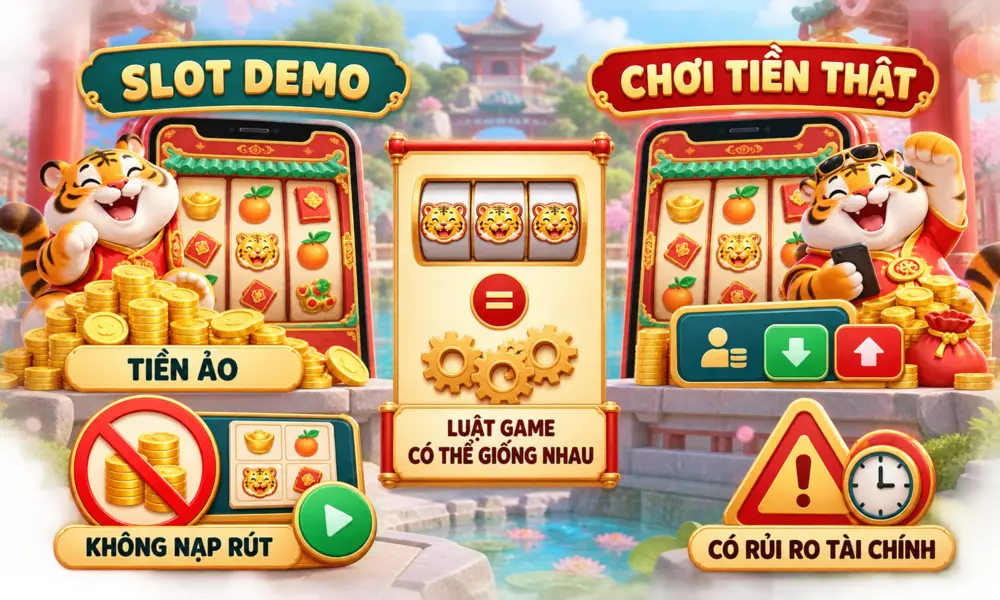 So sánh Slot Demo dùng tiền ảo với chơi slot tiền thật có rủi ro tài chính