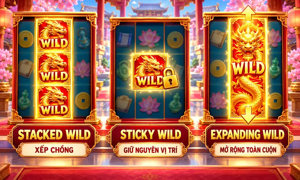 So sánh Stacked Wild xếp chồng, Sticky Wild giữ vị trí và Expanding Wild mở rộng toàn cuộn